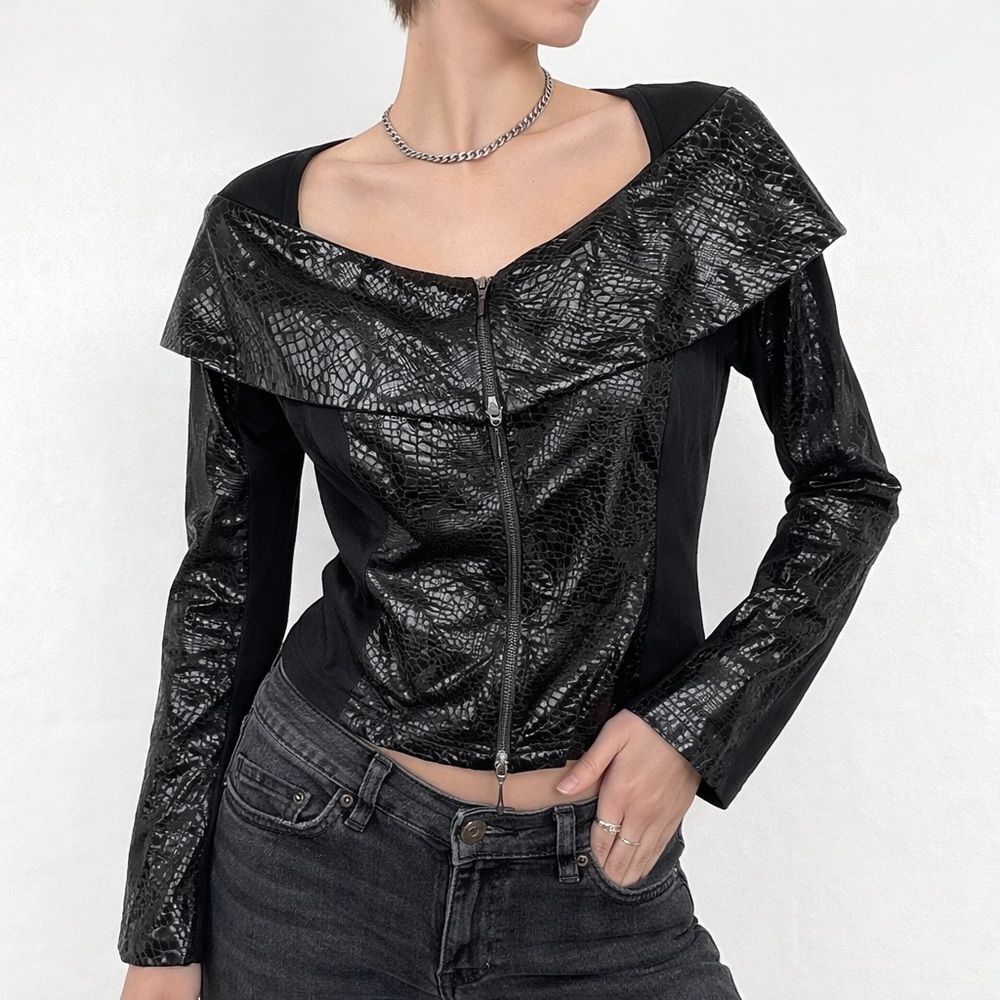 Joseph Ribkoff Vintage Womens Y2k Faux Leather Jacket 8 Bikercore Goth Top Croc
